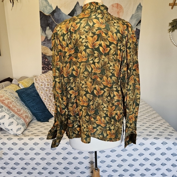 Vintage Quo Silk Leaf Print Blouse Jacket L | Fall Grandpa Fit - Picture 10 of 13